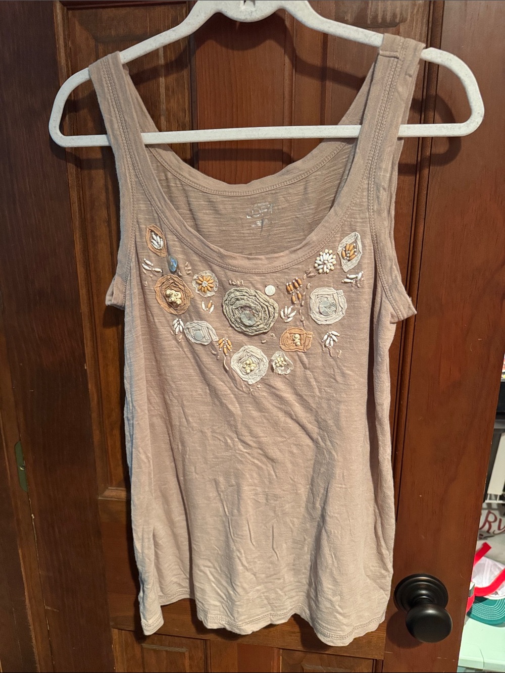 LOFT Embroidered Floral Scoop-Neck Tank Top - Taupe
